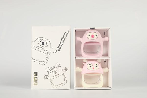 Gift Set 2  Jucarie dentitie / suzeta  silicon- Pinguin si Ren Pink - imagine 3