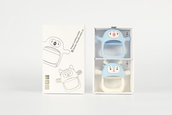 Gift Set 2  Jucarie dentitie / suzeta  silicon- Pinguin si Ren Light Blue - imagine 2