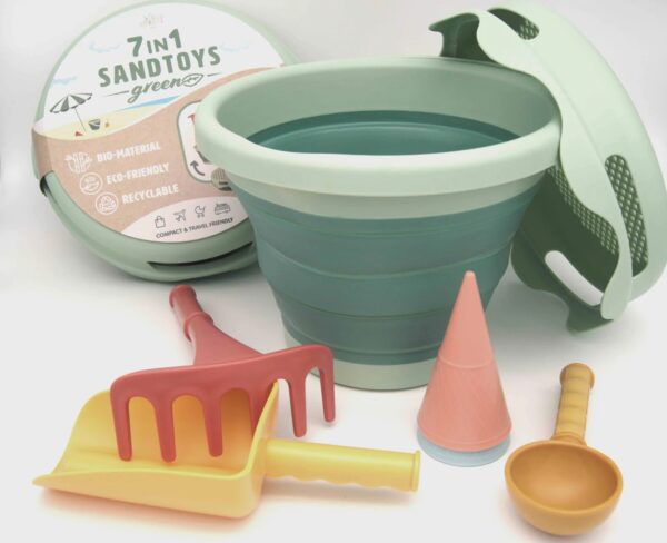 Set plaja MATERIALE ORGANICE ECO-FRIENDLY Compact 7 in 1 cu galeata pliabila - Verde BIOPLASTIC