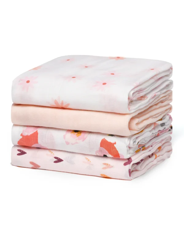 Set 4 Museline Bambus si  Bumbac 120 x 120 cm - Girl set  Swaddle