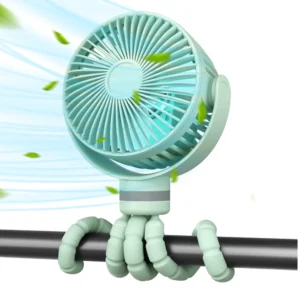 Ventilator 360 grade MULTIFUNCTIONAL portabil pentru carucior Momcozy, 4 viteze,cu acumulator 8000 mAh si Lumina Led - Verde MOMCOZY