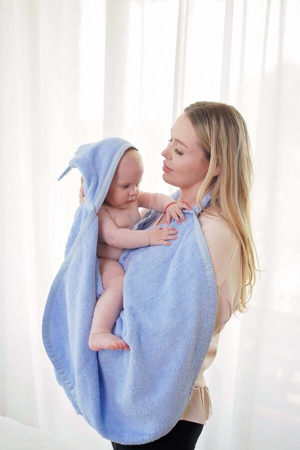 Prosop Bebe Copii bumbac 100%  cu gluga si urechi - Hug Albastru 115x75 cm - imagine 9