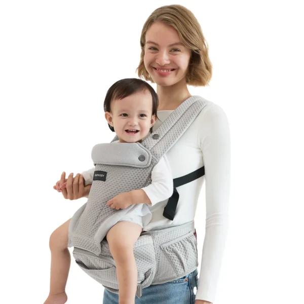 Marsupiu Hip Seat cu pernă pentru șold, 2 în 1 reglabil și detașabil până la 20 kg, respirabil cu suport lombar pentru părinți - Momcozy Air Mesh Gri