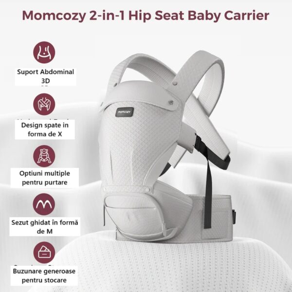 Marsupiu Hip Seat cu pernă pentru șold, 2 în 1 reglabil și detașabil până la 20 kg, respirabil cu suport lombar pentru părinți - Momcozy Air Mesh Gri - imagine 2